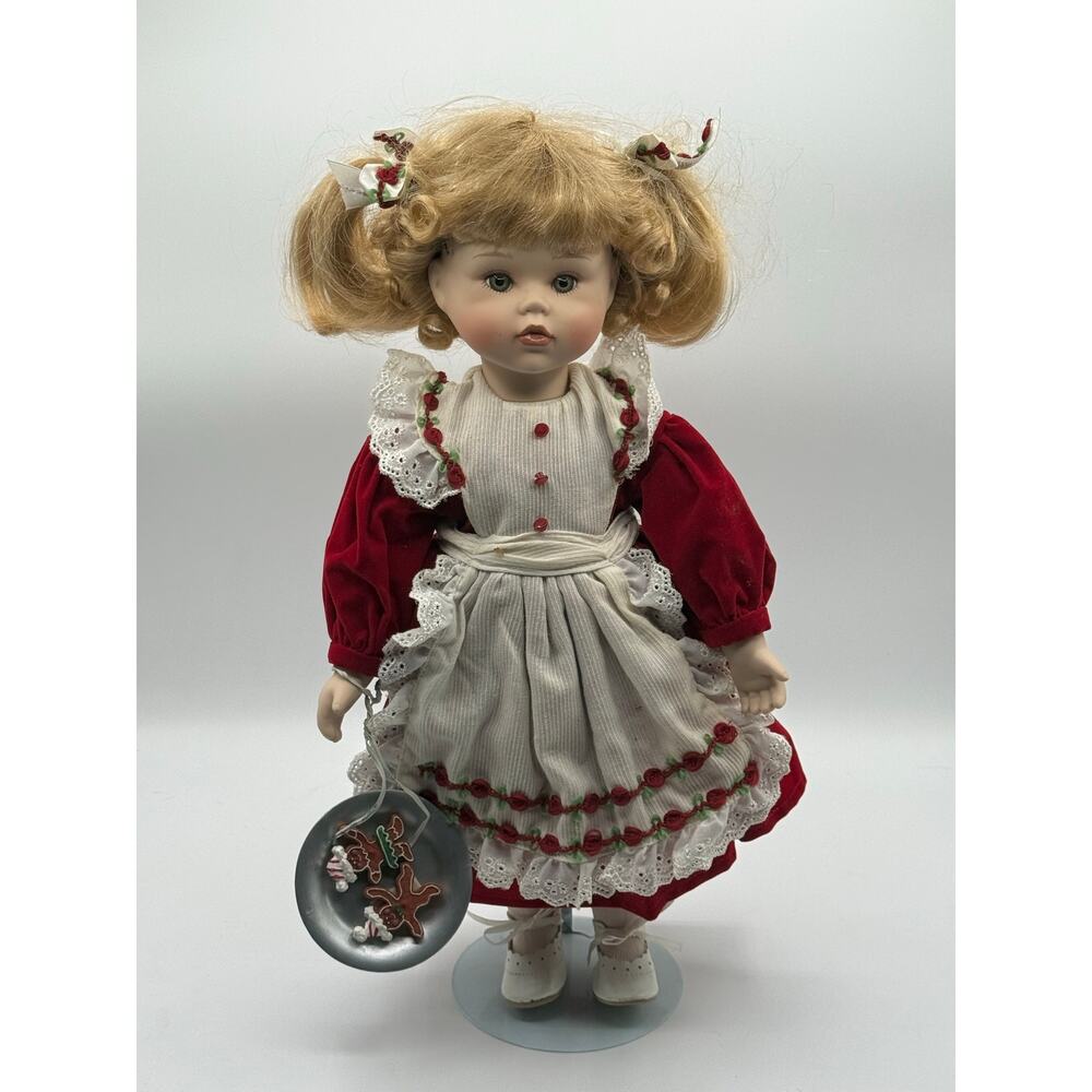 Vintage 18" Porcelain Christmas Doll - Red Velvet Dress and Gingerbread Plate